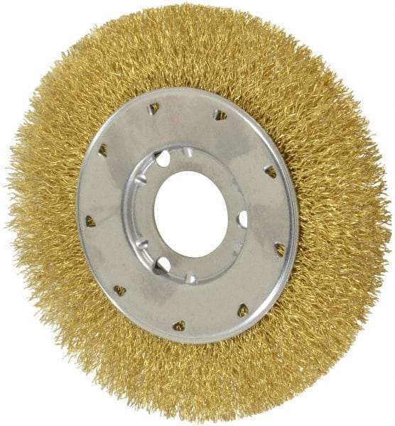 Osborn - 6" OD, 1-1/4" Arbor Hole, Crimped Brass Wheel Brush - 5/8" Face Width, 1-1/8" Trim Length, 0.014" Filament Diam, 6,000 RPM - Benchmark Tooling