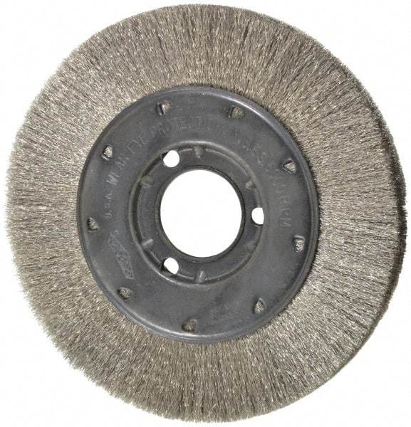 Osborn - 6" OD, 1-1/4" Arbor Hole, Crimped Stainless Steel Wheel Brush - 5/8" Face Width, 1-1/8" Trim Length, 0.005" Filament Diam, 6,000 RPM - Benchmark Tooling