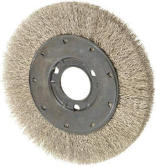 Osborn - 6" OD, 1-1/4" Arbor Hole, Crimped Stainless Steel Wheel Brush - 5/8" Face Width, 1-1/8" Trim Length, 0.0104" Filament Diam, 6,000 RPM - Benchmark Tooling