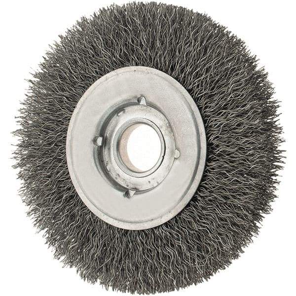 Osborn - 4" OD, 5/8" Arbor Hole, Crimped Steel Wheel Brush - 5/8" Face Width, 13/16" Trim Length, 0.0118" Filament Diam, 6,000 RPM - Benchmark Tooling