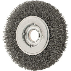 Osborn - 4" OD, 5/8" Arbor Hole, Crimped Steel Wheel Brush - 5/8" Face Width, 13/16" Trim Length, 0.0118" Filament Diam, 6,000 RPM - Benchmark Tooling