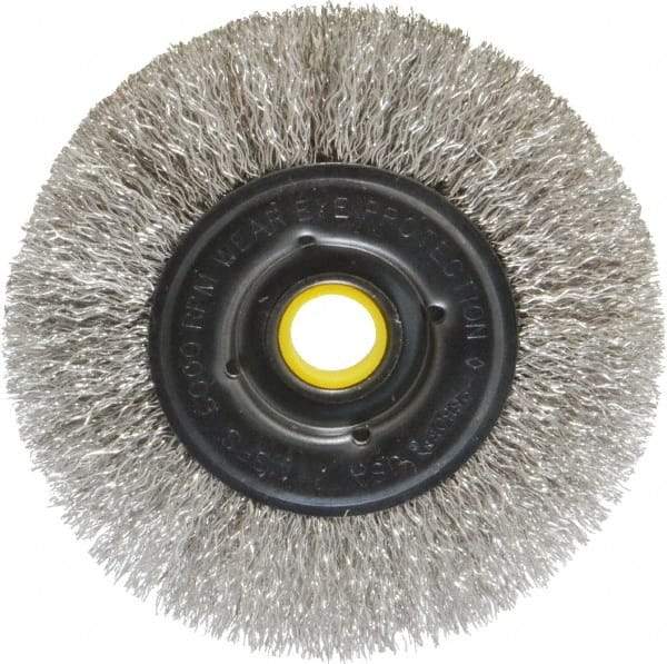 Osborn - 4" OD, 1/2 & 5/8" Arbor Hole, Crimped Stainless Steel Wheel Brush - 3/8" Face Width, 13/16" Trim Length, 0.0104" Filament Diam, 6,000 RPM - Benchmark Tooling