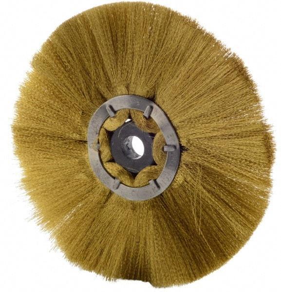 Osborn - 6" OD, 1/2" Arbor Hole, Crimped Brass Wheel Brush - 1/2" Face Width, 1-7/8" Trim Length, 0.005" Filament Diam, 4,000 RPM - Benchmark Tooling