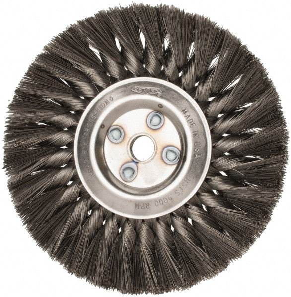 Osborn - 7" OD, 5/8" Arbor Hole, Knotted Steel Wheel Brush - 5/8" Face Width, 1-3/4" Trim Length, 0.0118" Filament Diam, 9,000 RPM - Benchmark Tooling