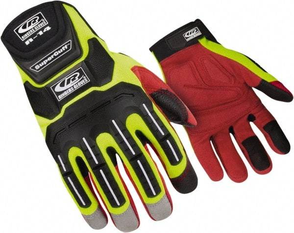 Ringers Gloves - Size M (9), ANSI Cut Lvl 1, Cut & Puncture Resistant Gloves - Hook & Loop Cuff, Hi-Vis Yellow/Red/Black, Paired - Benchmark Tooling