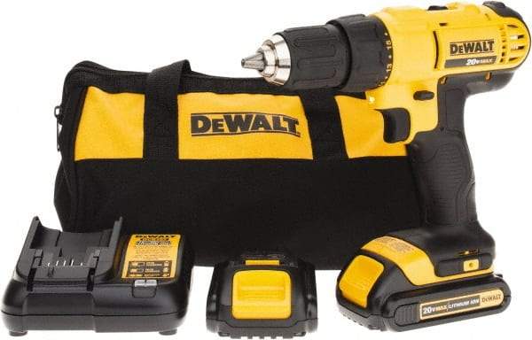 DeWALT - 20 Volt 1/2" Chuck Pistol Grip Handle Cordless Drill - 0-450 & 0-1500 RPM, Single-Sleeve Ratcheting Chuck, Reversible, 2 Lithium-Ion Batteries Included - Benchmark Tooling