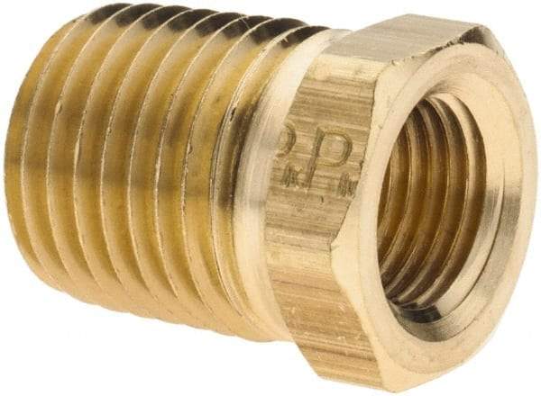 Parker - 1/4 Male Thread x 1/8 Female Thread, Brass Industrial Pipe Hex Bushing - MNPTF x FNPTF, 1,000 psi - Benchmark Tooling