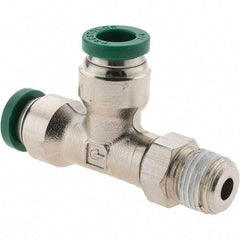 Parker - 1/4" Outside Diam, 1/8 NPTF, Nickel Plated Brass Push-to-Connect Tube Male Swivel Run Tee - 300 Max psi, Tube to Male NPT Connection, Nitrile O-Ring - Benchmark Tooling