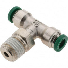 Parker - 1/4" Outside Diam, 1/4 NPTF, Nickel Plated Brass Push-to-Connect Tube Male Swivel Branch Tee - 300 Max psi, Tube to Male NPT Connection, Nitrile O-Ring - Benchmark Tooling