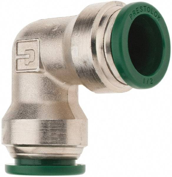 Parker - 1/2" Outside Diam, Nickel Plated Brass Push-to-Connect Tube Union Elbow - 300 Max psi, Tube to Tube Connection, Nitrile O-Ring - Benchmark Tooling