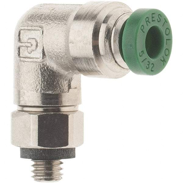 Parker - 5/32" Outside Diam, 10-32 UNF, Nickel Plated Brass Push-to-Connect Tube Male Swivel Elbow - 300 Max psi, Tube to Male UNF Connection, Nitrile O-Ring - Benchmark Tooling