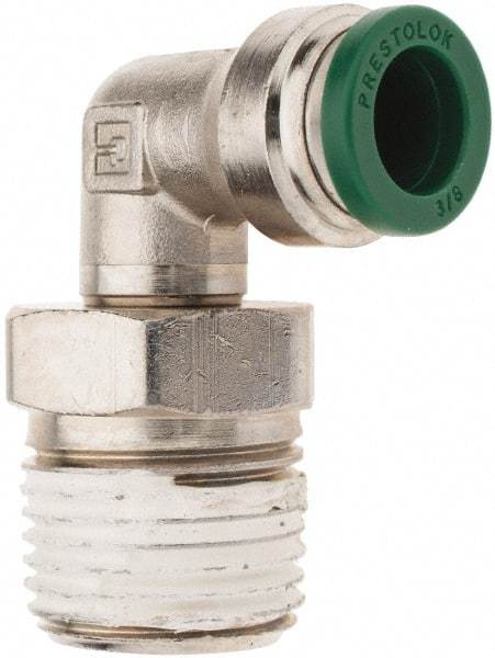 Parker - 3/8" Outside Diam, 1/2 NPTF, Nickel Plated Brass Push-to-Connect Tube Male Swivel Elbow - 300 Max psi, Tube to Male NPT Connection, Nitrile O-Ring - Benchmark Tooling