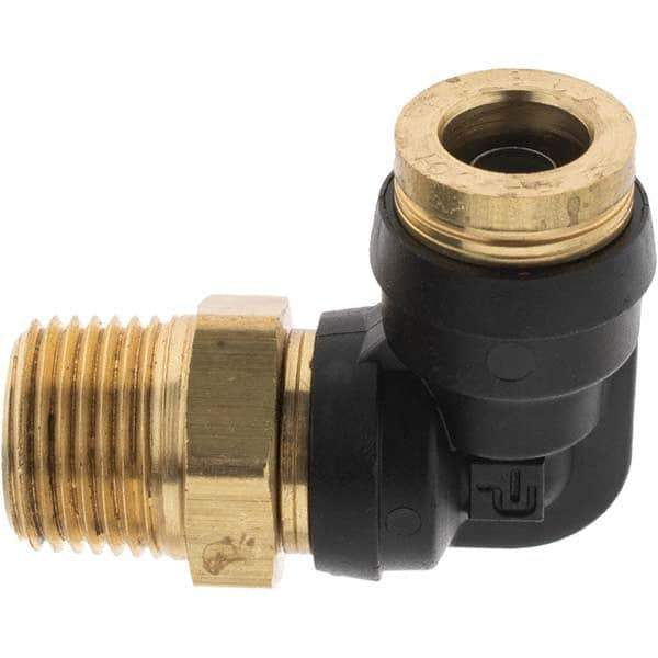 Parker - 3/8" Outside Diam, 3/8 Thread, Brass Push-to-Connect Tube Male Elbow - 250 Max psi, Tube to Male NPT Connection - Benchmark Tooling