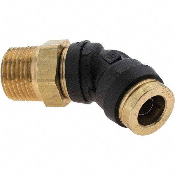 Parker - 3/8" Outside Diam, 3/8 Thread, Brass Push-to-Connect Tube Male 45° Elbow - 250 Max psi, Tube to Male NPT Connection - Benchmark Tooling