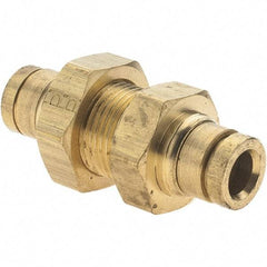 Parker - 1/4" Outside Diam, Brass Push-to-Connect Tube Bulkhead Union - Nitrile O-Ring - Benchmark Tooling