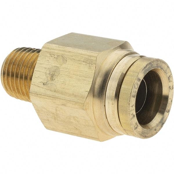 Parker - 1/2" Outside Diam, 1/4 NPTF, Brass Push-to-Connect Tube Male Connector - Tube to Male NPT Connection, Nitrile O-Ring - Benchmark Tooling