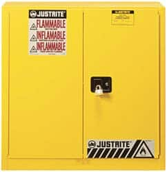 Justrite - 2 Door, 3 Shelf, Yellow Steel Standard Safety Cabinet for Flammable and Combustible Liquids - 44" High x 43" Wide x 18" Deep, Manual Closing Door, 3 Point Key Lock, 40 Gal Capacity - Benchmark Tooling