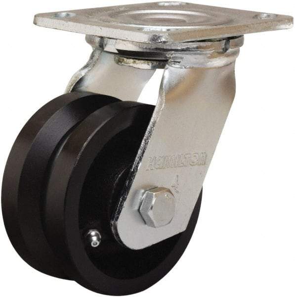 Hamilton - 5" Diam x 2" Wide, Iron Swivel Caster - 800 Lb Capacity, Top Plate Mount, 4" x 4-1/2" Plate, Straight Roller Bearing - Benchmark Tooling