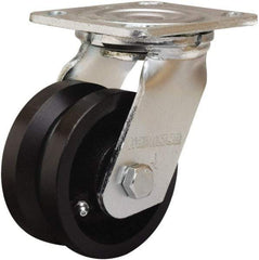 Hamilton - 5" Diam x 2" Wide, Iron Swivel Caster - 800 Lb Capacity, Top Plate Mount, 4" x 4-1/2" Plate, Straight Roller Bearing - Benchmark Tooling