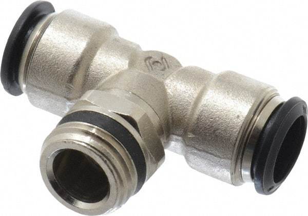 Alpha Technologies - 14mm Outside Diam, 1/2 Universal, Nickel Plated Brass Push-to-Connect Tube Male Swivel Branch Tee - 250 Max psi, Tube to Universal Thread Connection, Buna O-Ring - Benchmark Tooling