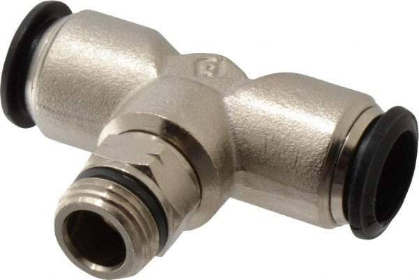 Alpha Technologies - 14mm Outside Diam, 3/8 Universal, Nickel Plated Brass Push-to-Connect Tube Male Swivel Branch Tee - 250 Max psi, Tube to Universal Thread Connection, Buna O-Ring - Benchmark Tooling