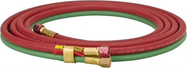 Parker - 1/4" Inside x 17/32" Outside Diam, Grade T Welding Hose - Green & Red, 12-1/2' Long, Twin Style, 200 psi Working Pressure - Benchmark Tooling