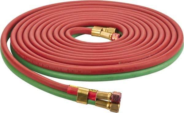 Parker - 1/4" Inside x 17/32" Outside Diam, Grade R Welding Hose - Green & Red, 25' Long, Twin Style, 200 psi Working Pressure - Benchmark Tooling