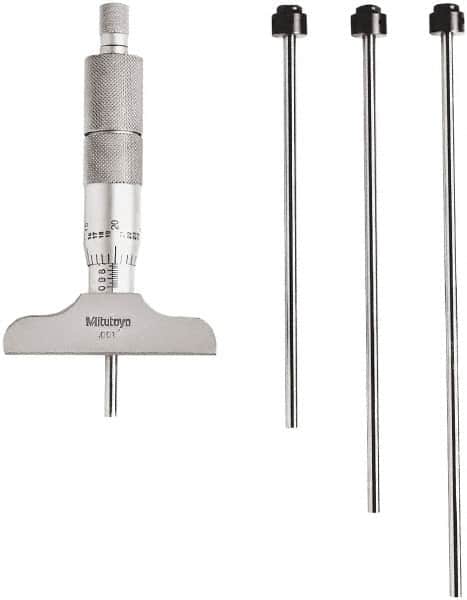 Mitutoyo - 0 to 4" Range, 4 Rod, Mechanical Depth Micrometer - Ratchet Stop Thimble, 2-1/2" Base Length, 0.01mm Graduation, 4.5mm Rod Diam - Benchmark Tooling