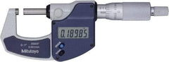 Mitutoyo - 0 to 1" Range, 0" Resolution, Standard Throat, Electronic Outside Micrometer - 0.0001" Accuracy, Ratchet Stop Thimble, Rotating Spindle, SR44 Battery, Includes NIST Traceability Certification - Benchmark Tooling