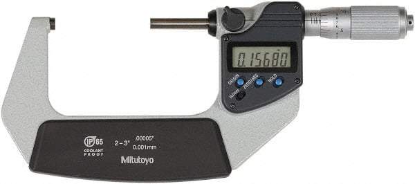 Mitutoyo - 2 to 3 Inch Range, 0 Inch Resolution, Standard Throat, IP65 Electronic Outside Micrometer - 0.0001 Inch Accuracy, Ratchet Friction Thimble, Rotating Spindle, SR44 Battery, Includes NIST Traceability Certification - Benchmark Tooling