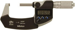 Mitutoyo - 1 to 2 Inch Range, 0 Inch Resolution, Standard Throat, IP65 Electronic Outside Micrometer - 0.0001 Inch Accuracy, Ratchet Friction Thimble, Rotating Spindle, SR44 Battery, Includes NIST Traceability Certification - Benchmark Tooling