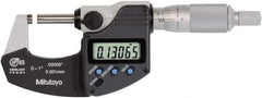 Mitutoyo - 0 to 1 Inch Range, 0 Inch Resolution, Standard Throat, IP65 Electronic Outside Micrometer - 0.0001 Inch Accuracy, Ratchet Stop Thimble, Rotating Spindle, SR44 Battery, Data Output, Includes NIST Traceability Certification - Benchmark Tooling