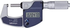 Mitutoyo - 0 to 1" Range, 0" Resolution, Standard Throat, Electronic Outside Micrometer - 0.0001" Accuracy, Friction Thimble, Rotating Spindle, SR44 Battery, Includes NIST Traceability Certification - Benchmark Tooling