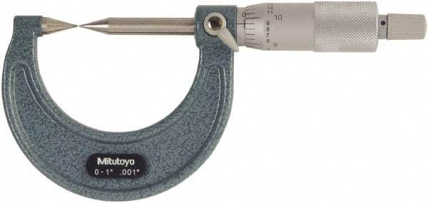 Mitutoyo - 1 Inch, 38mm Throat Depth, Ratchet Stop, Mechanical Point Micrometer - Accurate Up to 0.00015 Inch, 0.001 Inch Graduation, 30° Point Angle, 6.35mm Spindle Diameter - Benchmark Tooling