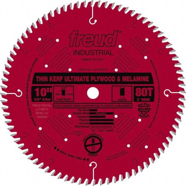 Freud - 10" Diam, 5/8" Arbor Hole Diam, 80 Tooth Wet & Dry Cut Saw Blade - Carbide-Tipped, Standard Round Arbor - Benchmark Tooling