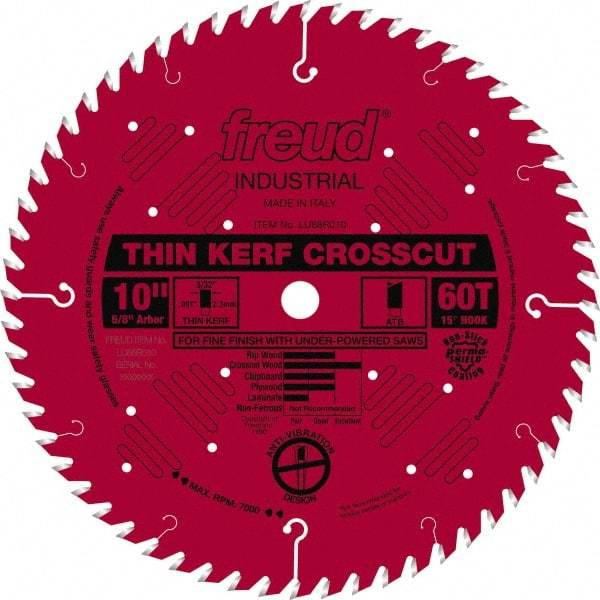 Freud - 10" Diam, 5/8" Arbor Hole Diam, 60 Tooth Wet & Dry Cut Saw Blade - Carbide-Tipped, Standard Round Arbor - Benchmark Tooling