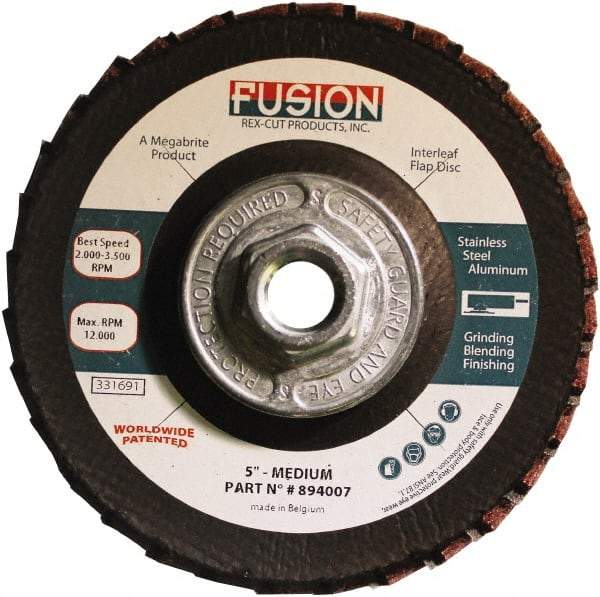 Rex Cut Product - 80 Grit, 5" Disc Diam, 5/8-11 Center Hole, Type 29 Aluminum Oxide Flap Disc - 12,200 Max RPM, Fiberglass Backing, Arbor Attaching System, Coated & Non-Woven Combo - Benchmark Tooling
