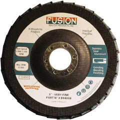 Rex Cut Product - 120 Grit, 5" Disc Diam, 7/8" Center Hole, Type 29 Aluminum Oxide Flap Disc - 12,200 Max RPM, Fiberglass Backing, Arbor Attaching System, Coated & Non-Woven Combo - Benchmark Tooling
