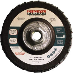 Rex Cut Product - 120 Grit, 5" Disc Diam, 5/8-11 Center Hole, Type 29 Aluminum Oxide Flap Disc - 12,200 Max RPM, Fiberglass Backing, Arbor Attaching System, Coated & Non-Woven Combo - Benchmark Tooling