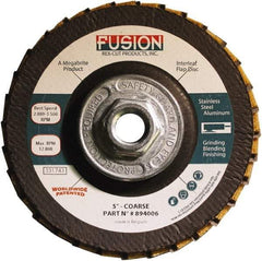 Rex Cut Product - 60 Grit, 5" Disc Diam, 5/8-11 Center Hole, Type 29 Aluminum Oxide Flap Disc - 12,200 Max RPM, Fiberglass Backing, Arbor Attaching System, Coated & Non-Woven Combo - Benchmark Tooling