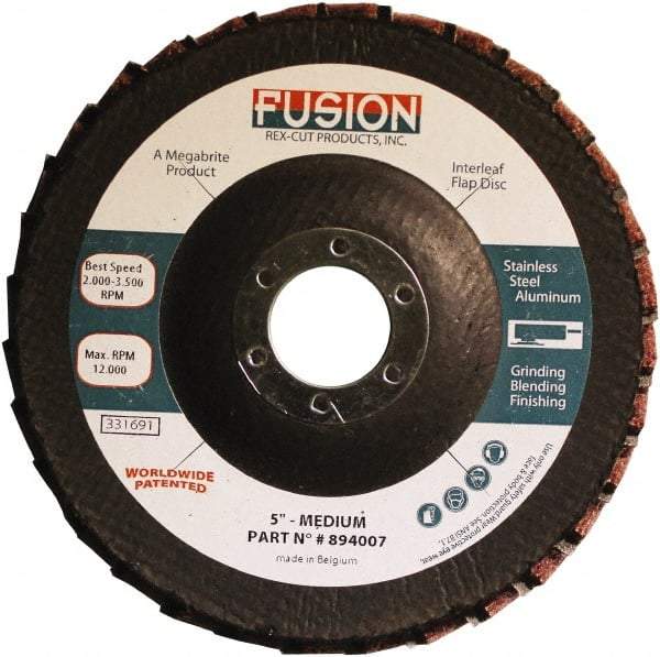 Rex Cut Product - 80 Grit, 5" Disc Diam, 7/8" Center Hole, Type 29 Aluminum Oxide Flap Disc - 12,200 Max RPM, Fiberglass Backing, Arbor Attaching System, Coated & Non-Woven Combo - Benchmark Tooling
