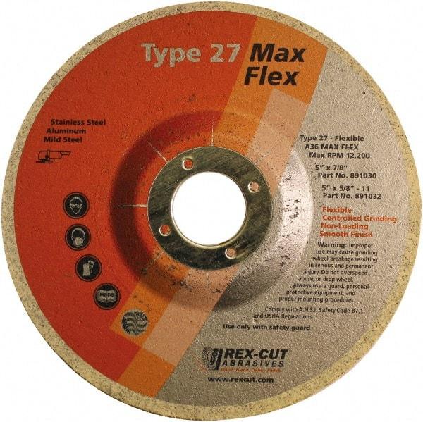 Rex Cut Product - 36 Grit, 5" Wheel Diam, 5/32" Wheel Thickness, 7/8" Arbor Hole, Type 27 Depressed Center Wheel - Aluminum Oxide, 12,200 Max RPM - Benchmark Tooling