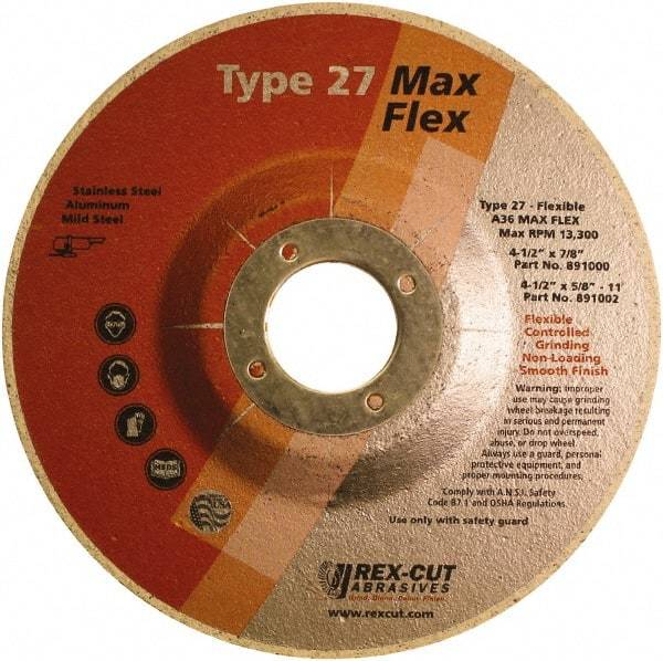 Rex Cut Product - 36 Grit, 4-1/2" Wheel Diam, 3/16" Wheel Thickness, 7/8" Arbor Hole, Type 27 Depressed Center Wheel - Aluminum Oxide, 13,300 Max RPM - Benchmark Tooling