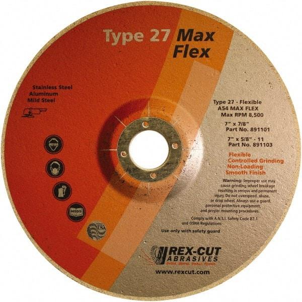 Rex Cut Product - 54 Grit, 7" Wheel Diam, 5/32" Wheel Thickness, 7/8" Arbor Hole, Type 27 Depressed Center Wheel - Aluminum Oxide, 8,500 Max RPM - Benchmark Tooling