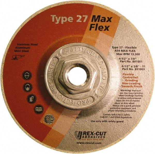 Rex Cut Product - 54 Grit, 4-1/2" Wheel Diam, 5/32" Wheel Thickness, Type 27 Depressed Center Wheel - Aluminum Oxide, 13,300 Max RPM - Benchmark Tooling