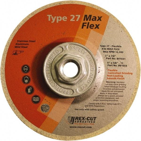 Rex Cut Product - 54 Grit, 5" Wheel Diam, 5/32" Wheel Thickness, Type 27 Depressed Center Wheel - Aluminum Oxide, 12,200 Max RPM - Benchmark Tooling