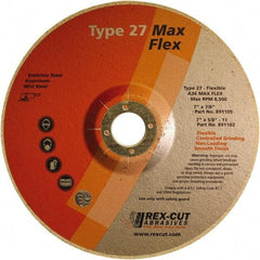 Rex Cut Product - 36 Grit, 7" Wheel Diam, 5/32" Wheel Thickness, 7/8" Arbor Hole, Type 27 Depressed Center Wheel - Aluminum Oxide, 8,500 Max RPM - Benchmark Tooling