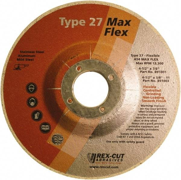 Rex Cut Product - 54 Grit, 4-1/2" Wheel Diam, 5/32" Wheel Thickness, 7/8" Arbor Hole, Type 27 Depressed Center Wheel - Aluminum Oxide, 13,300 Max RPM - Benchmark Tooling