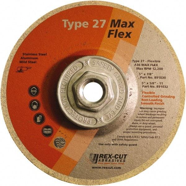 Rex Cut Product - 36 Grit, 5" Wheel Diam, 5/32" Wheel Thickness, Type 27 Depressed Center Wheel - Aluminum Oxide, 12,200 Max RPM - Benchmark Tooling