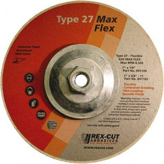 Rex Cut Product - 36 Grit, 7" Wheel Diam, 5/32" Wheel Thickness, Type 27 Depressed Center Wheel - Aluminum Oxide, 8,500 Max RPM - Benchmark Tooling